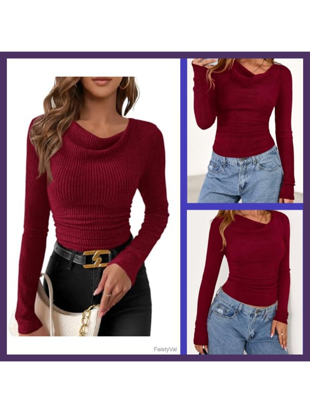Cowl Neck Ruched Crop Top Long Sleeve Ribbed Knit Fitted Tee